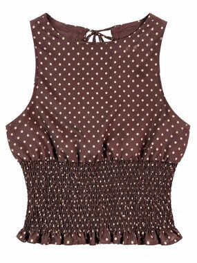 White Fox Brown Polka Dot Smocked Open Back Tank Top Size Small
